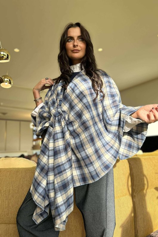 Roberta Plaid Brushed Cotton Drape Cape Highland Blue